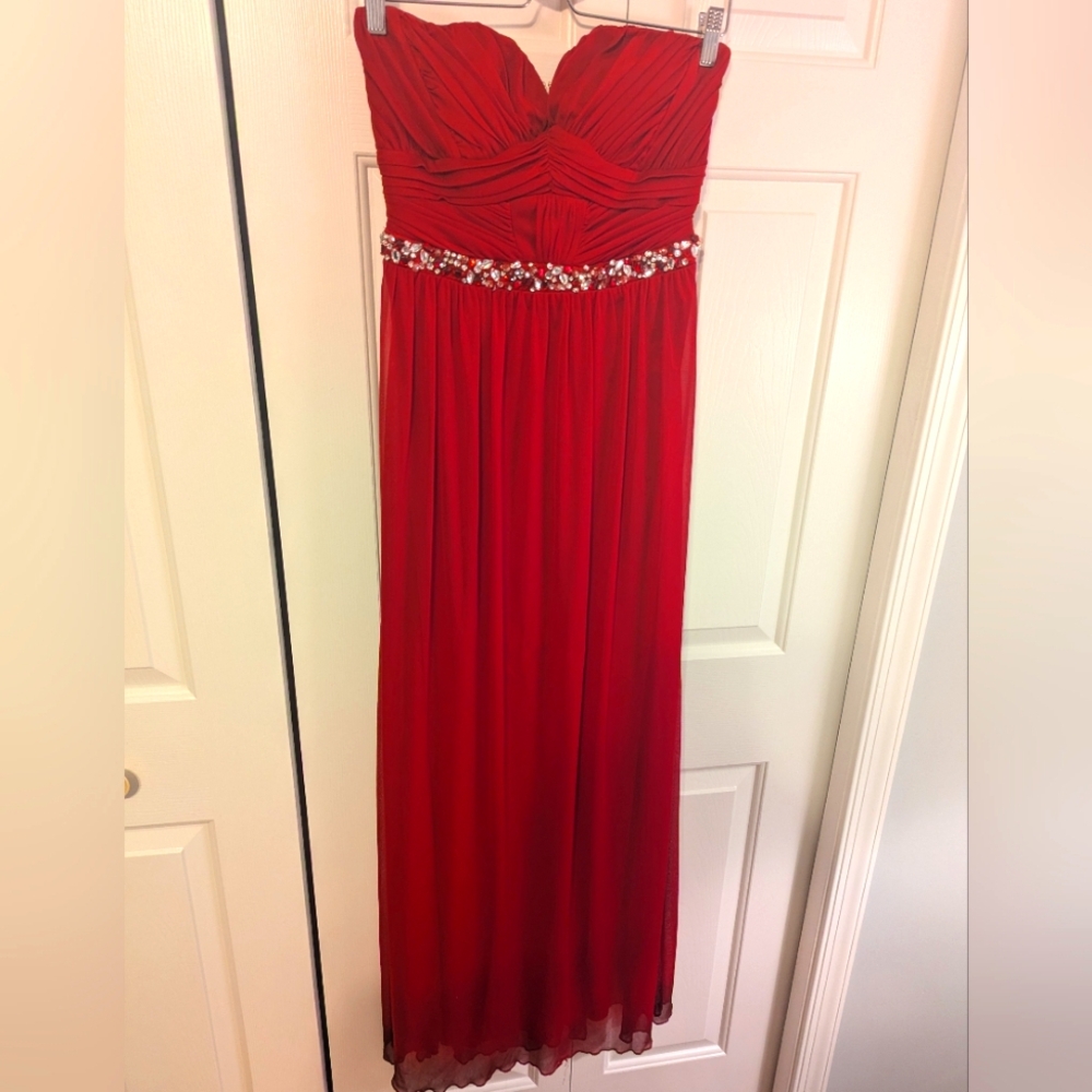Red formal beaded waist gown, size 11